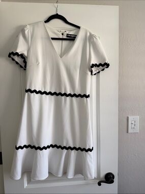 Karl Lagerfeld White A-line Midi Dress with Black Rickrack Accents